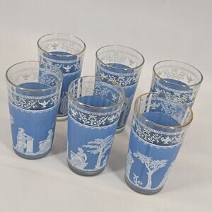 Vtg Jeanette Glass Highball Blue Wedgewood Hellenic Greek Shabby Cottage 5" 6pcs